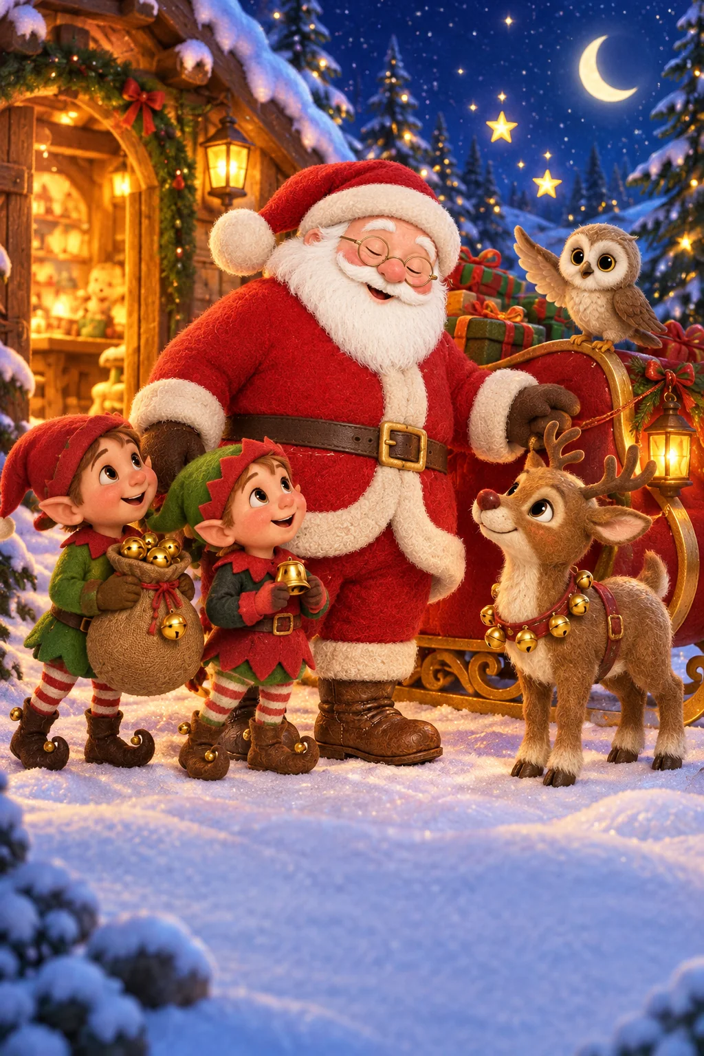 Le Père Noël et ses lutins préparent un traîneau sur un chemin de neige étoilé.