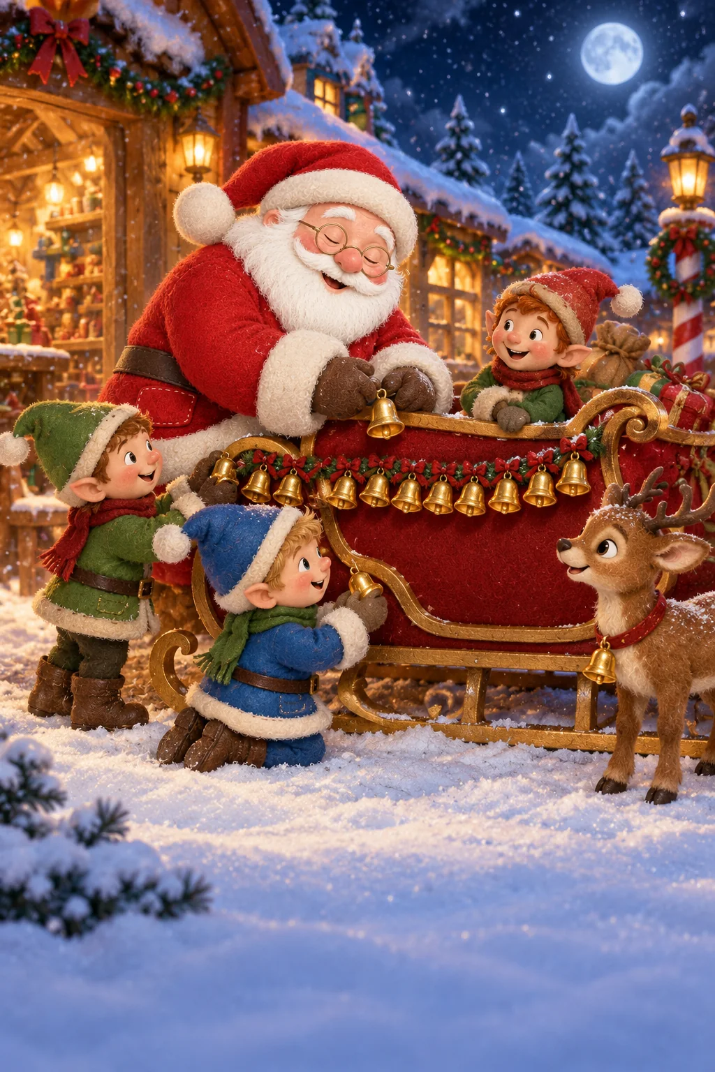 Le Père Noël et ses lutins préparent un traîneau doré sous la neige, devant l’atelier éclairé.