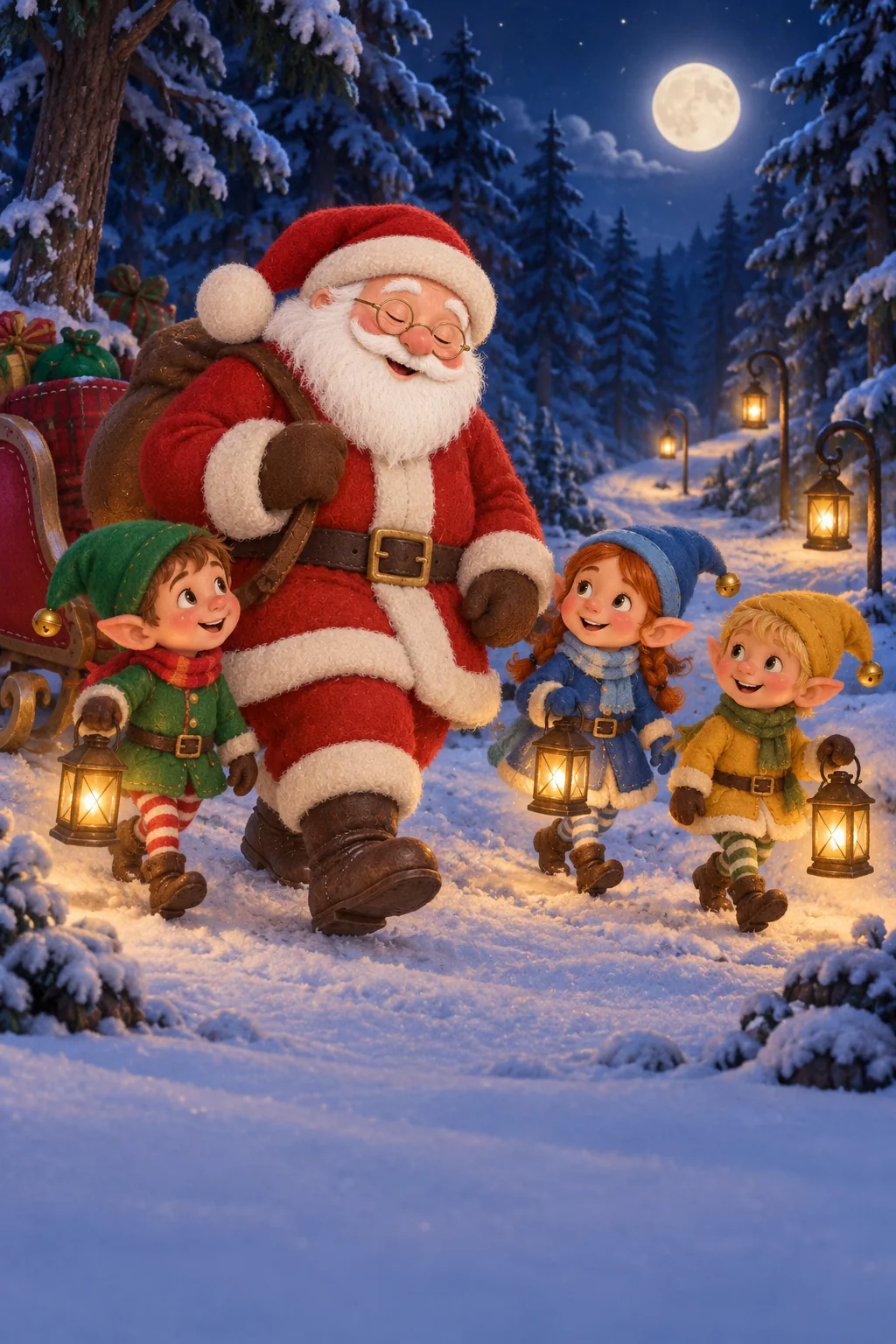 Le Père Noël et trois lutins suivent quelques lanternes brillantes sur un chemin enneigé sous la lune.