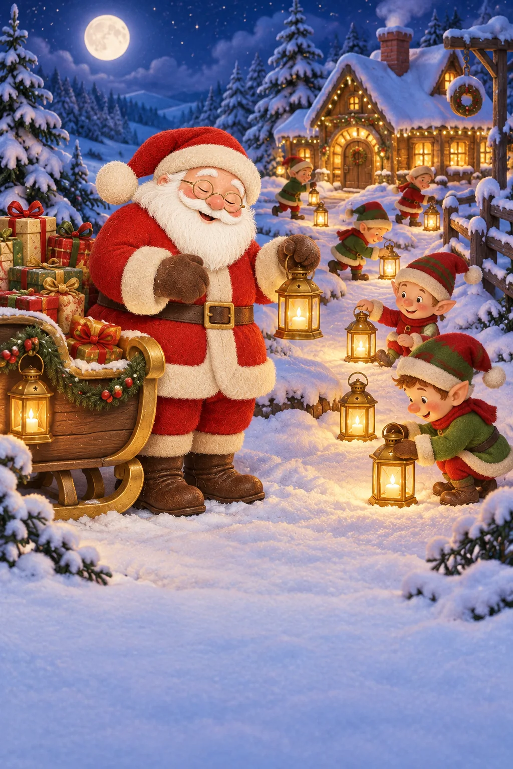 Le Père Noël et ses lutins préparent neuf lanternes devant le traîneau, sous la neige nocturne.