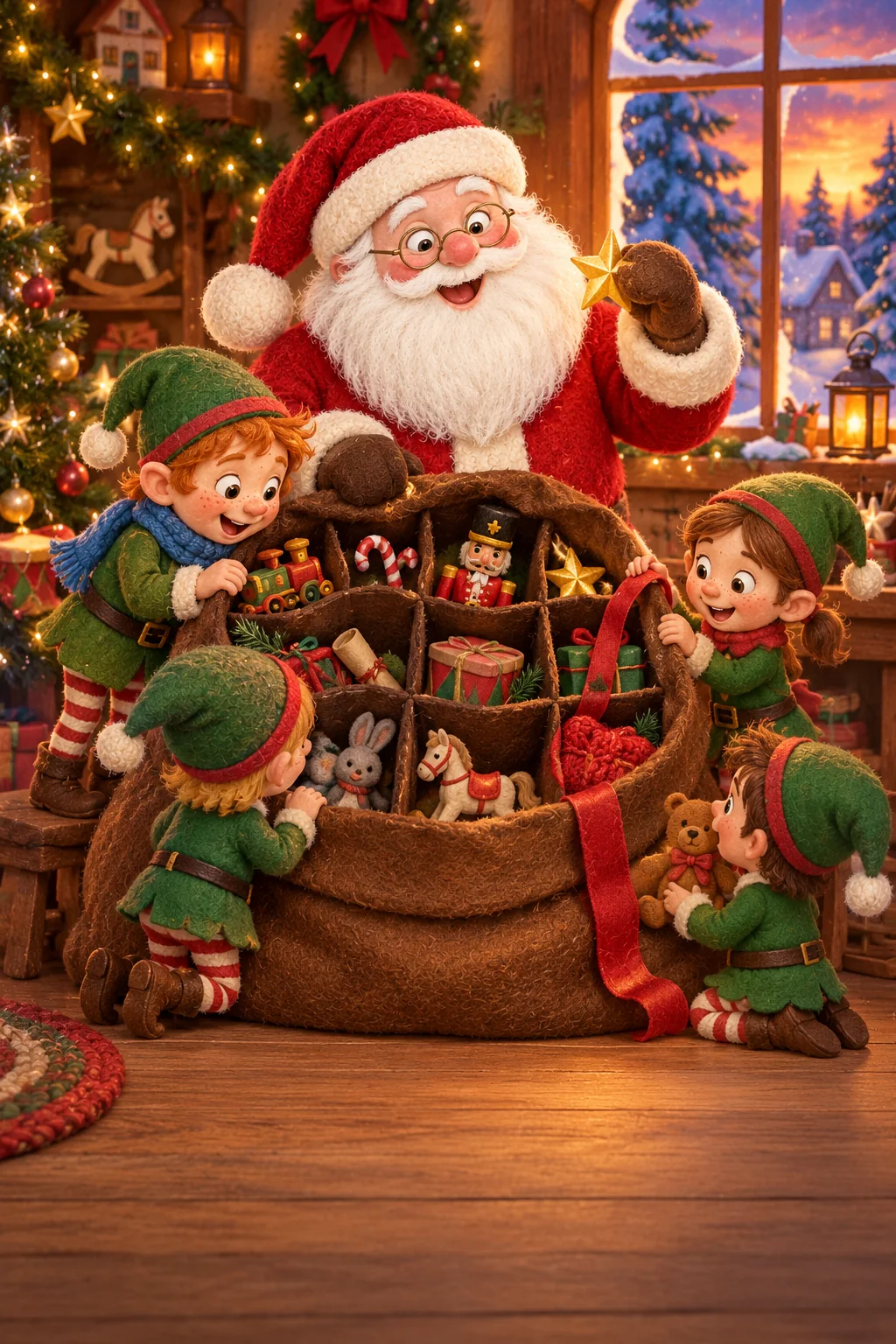 Le Père Noël et ses lutins cherchent des étoiles autour d’une grande hotte dans l’atelier enneigé.