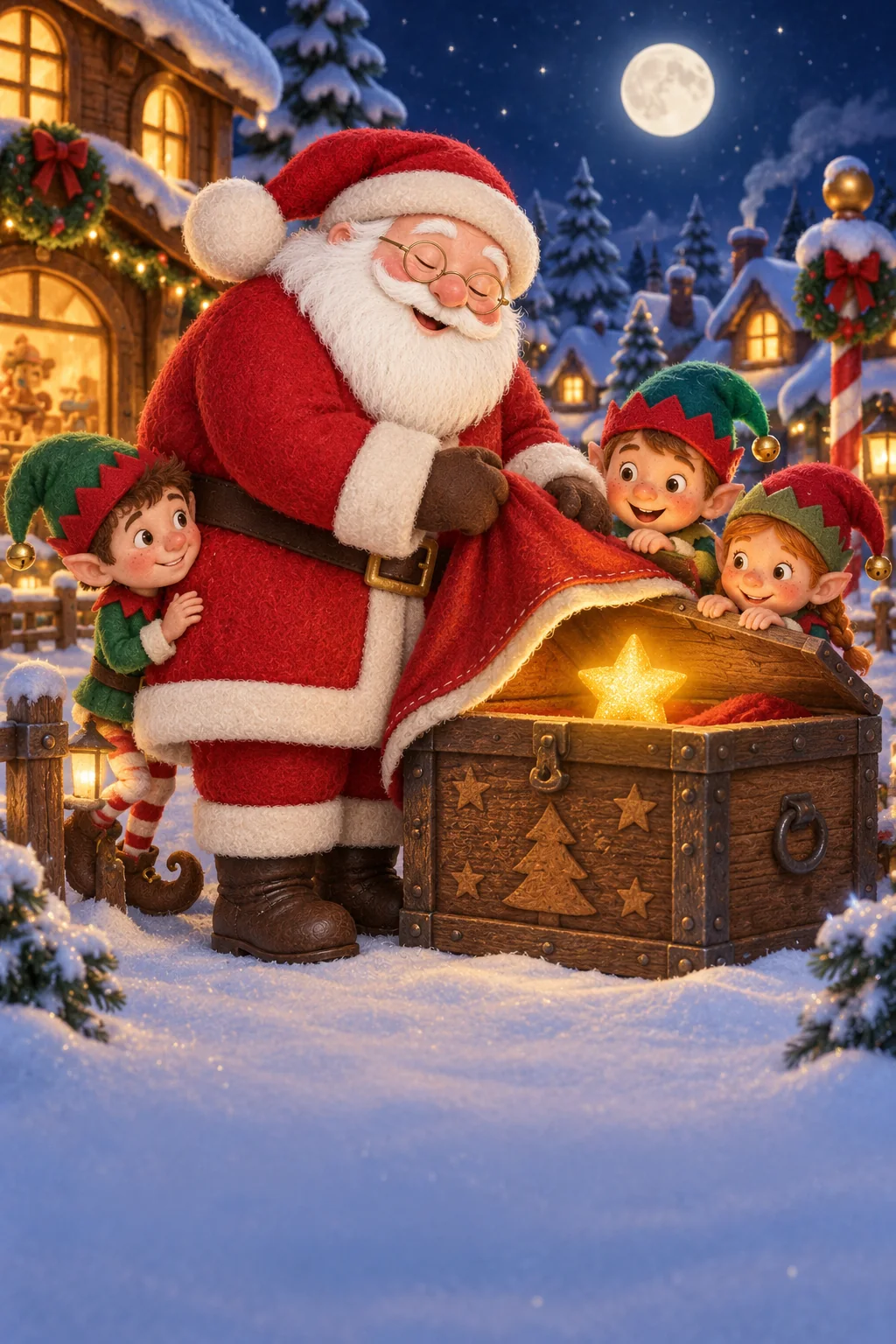 Le Père Noël et des lutins veillent sur un coffre mystérieux dans le village enneigé.