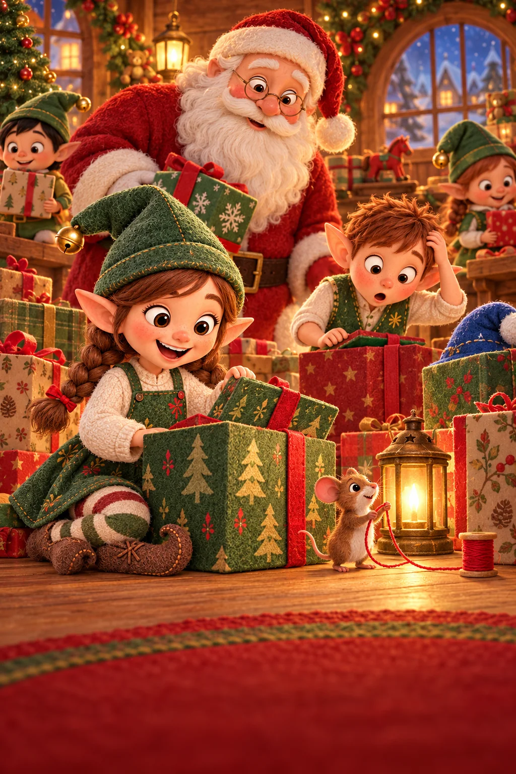 Le Père Noël et les lutins cherchent un bonnet bleu caché parmi les cadeaux.