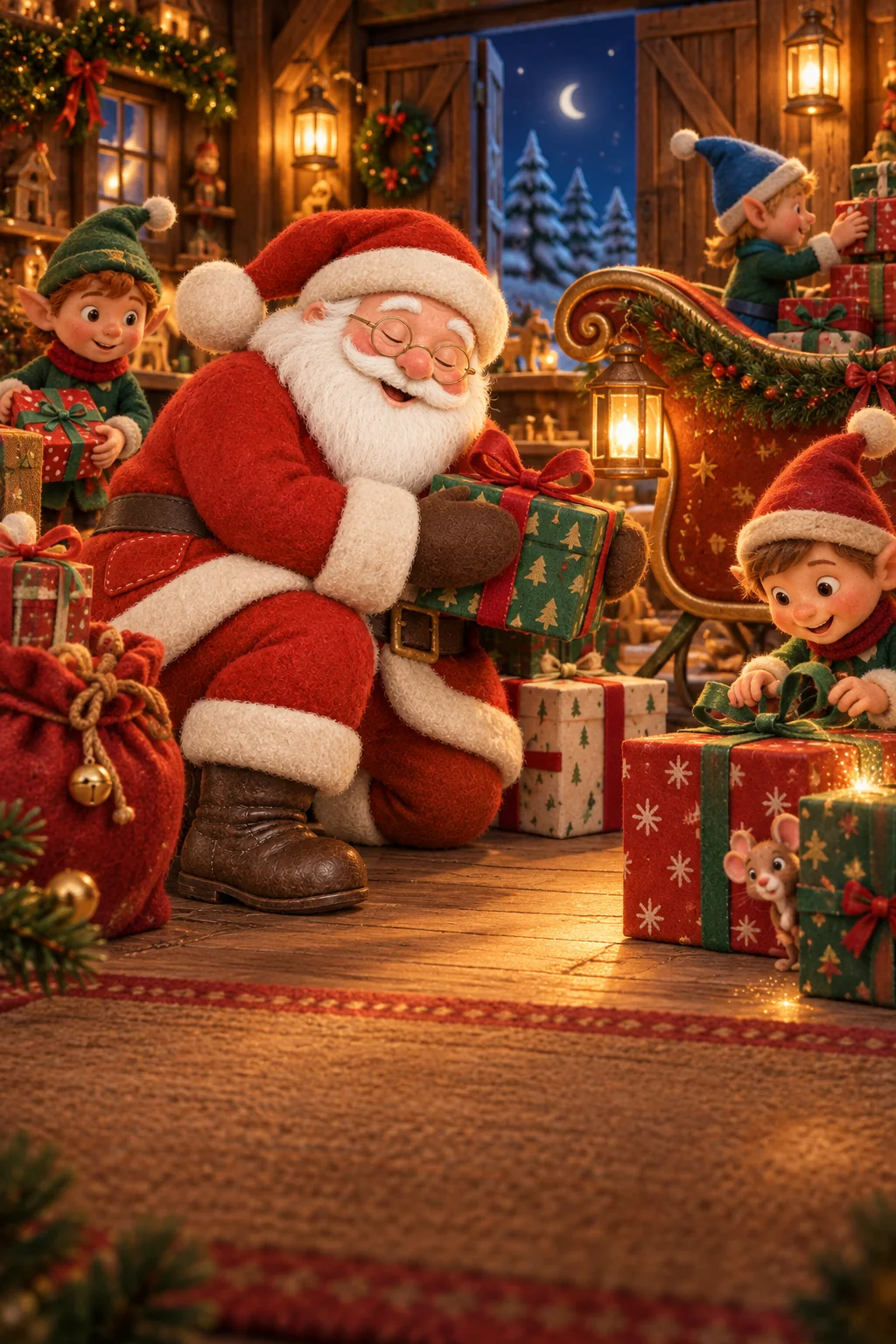 Le Père Noël et ses lutins cherchent une étoile dans l’atelier, tandis qu’une petite souris observe derrière une boîte.