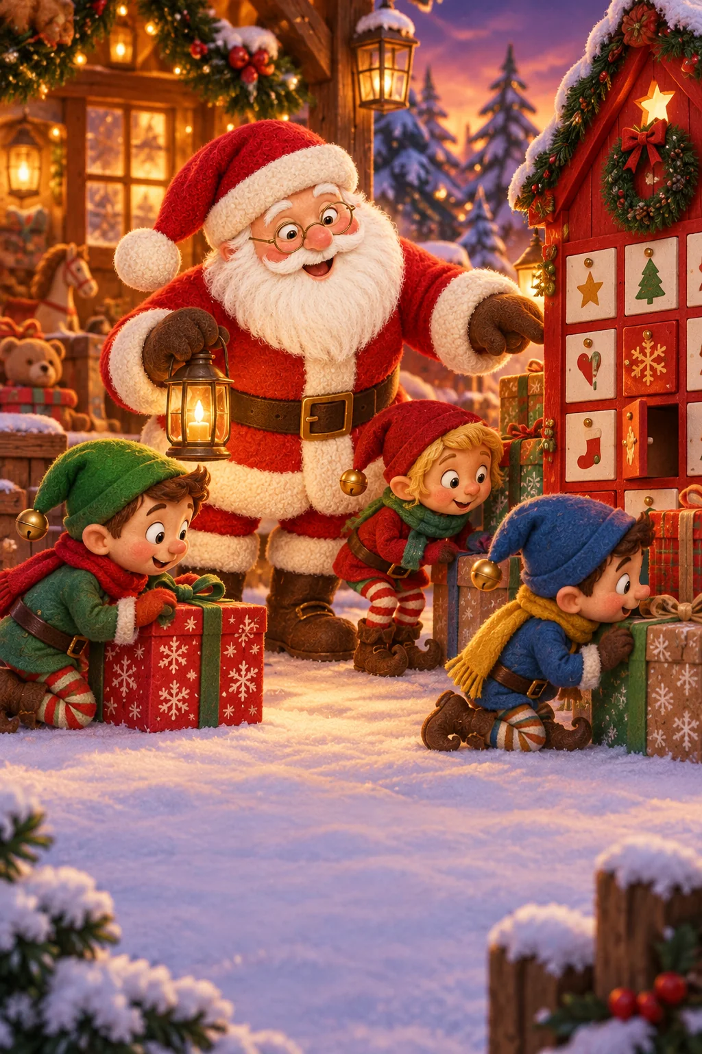 Le Père Noël et trois lutins cherchent une lune disparue dans l’atelier enneigé.