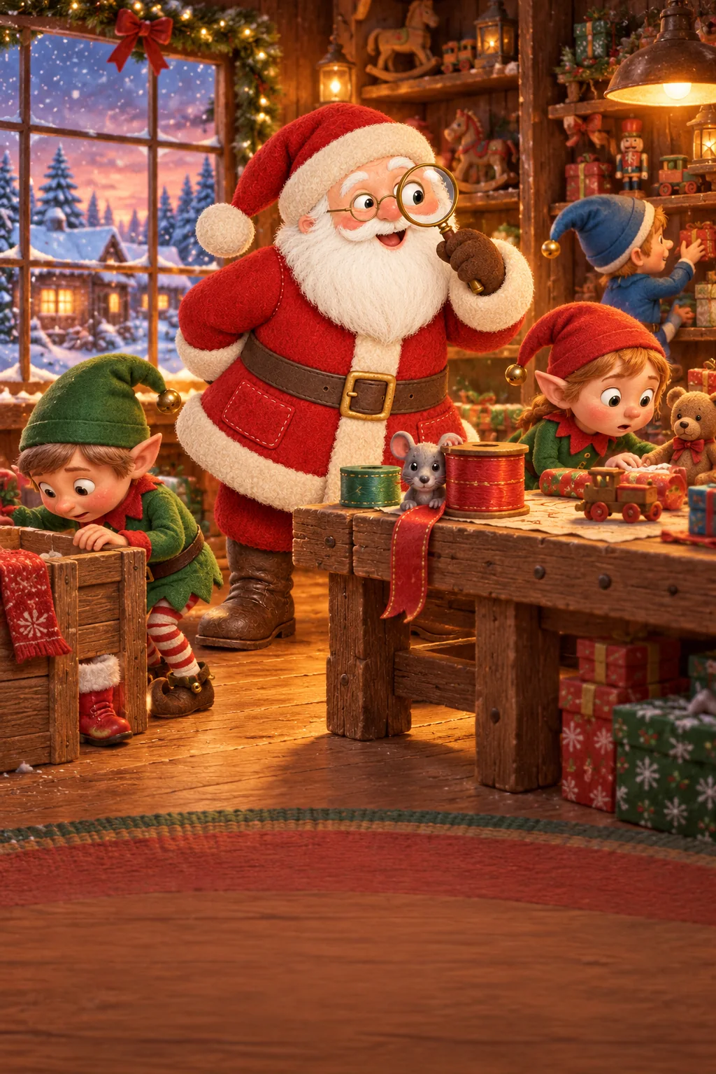 Le Père Noël et ses lutins cherchent une botte rouge dans l’atelier enneigé.