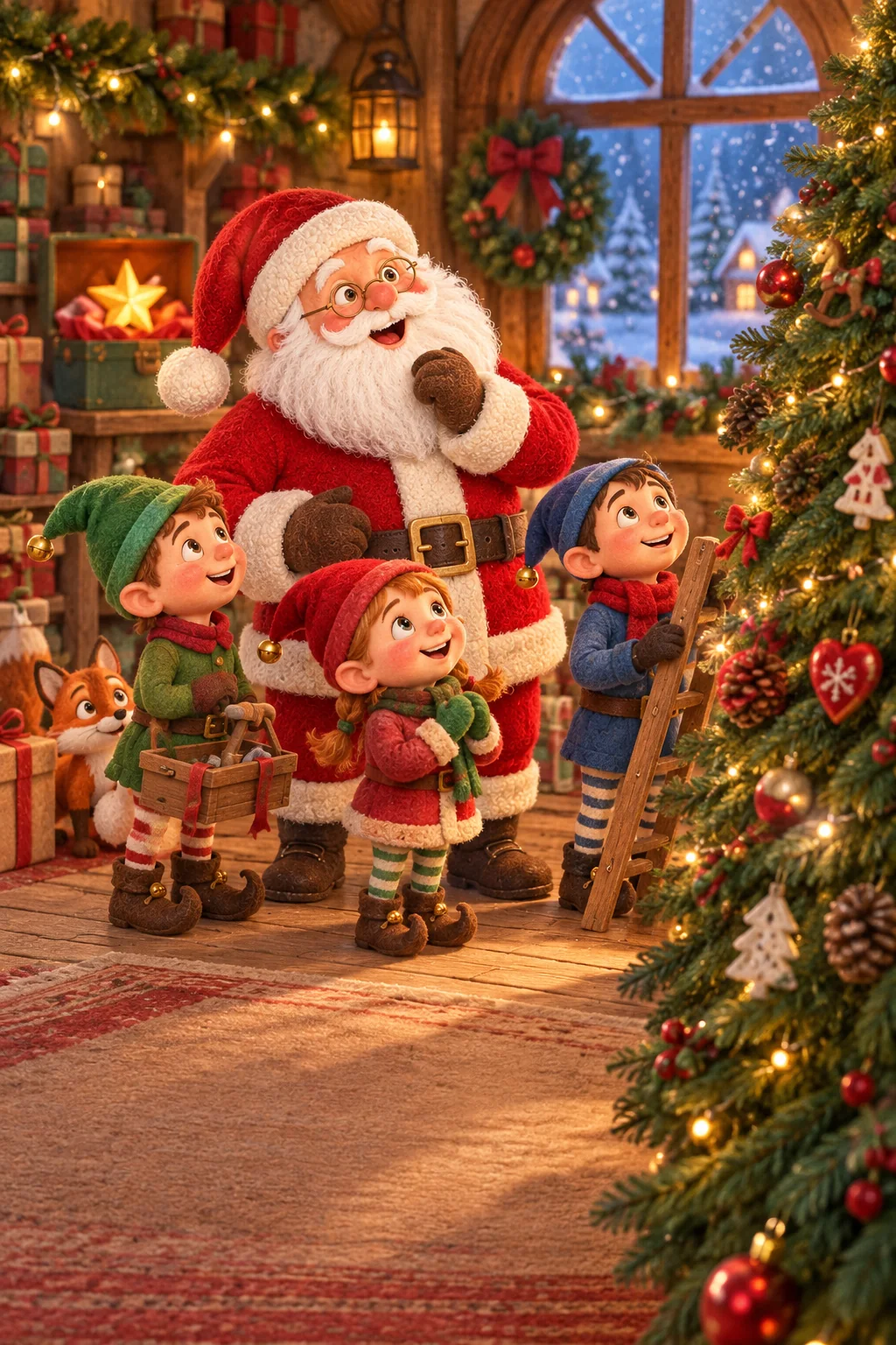 Le Père Noël et les lutins observent un sapin dont l’étoile dorée a disparu.