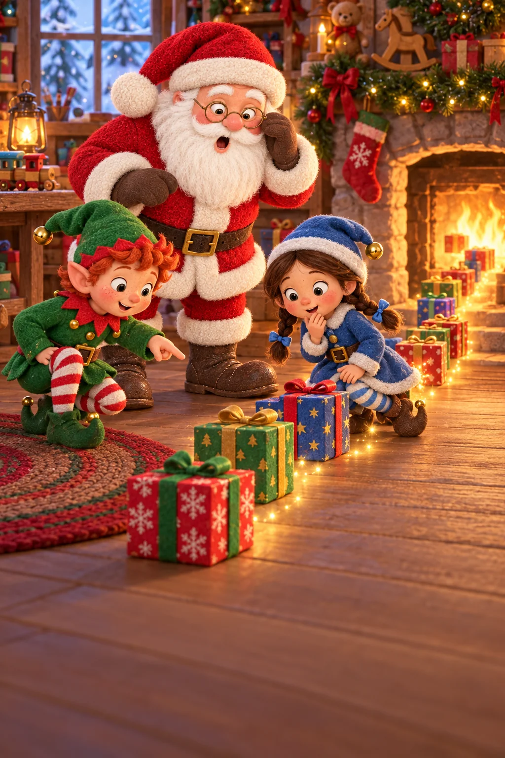 Le Père Noël et deux lutins découvrent une mystérieuse file de cadeaux dans l’atelier.