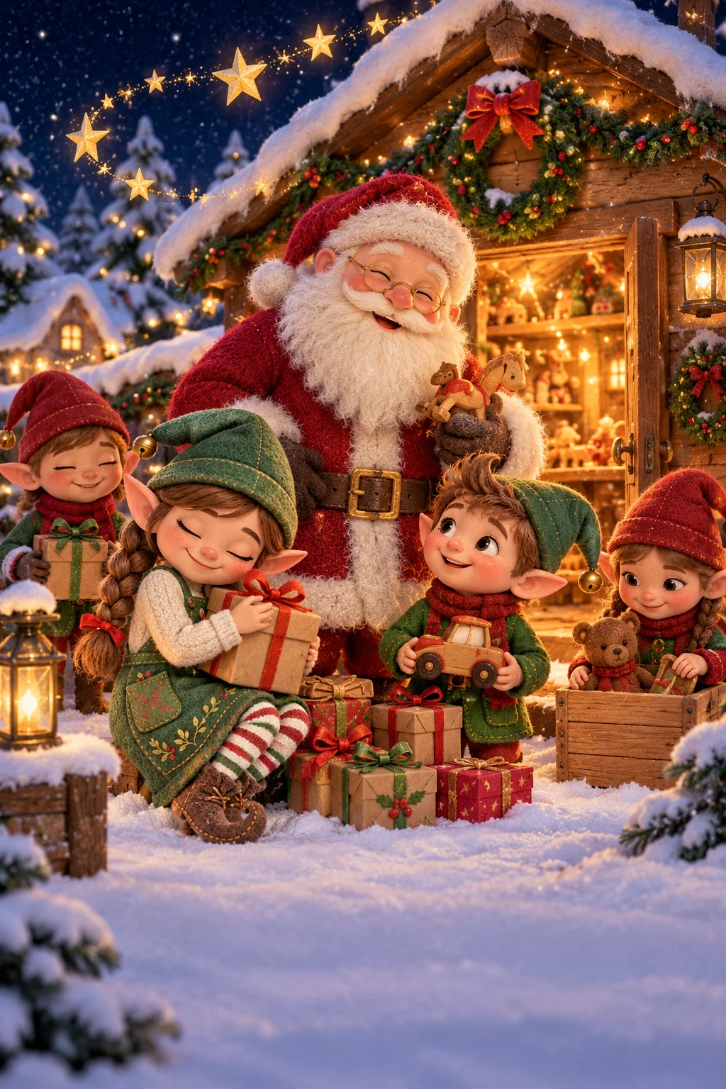 Le Père Noël et ses lutins observent des étoiles dorées devant leur atelier enneigé.