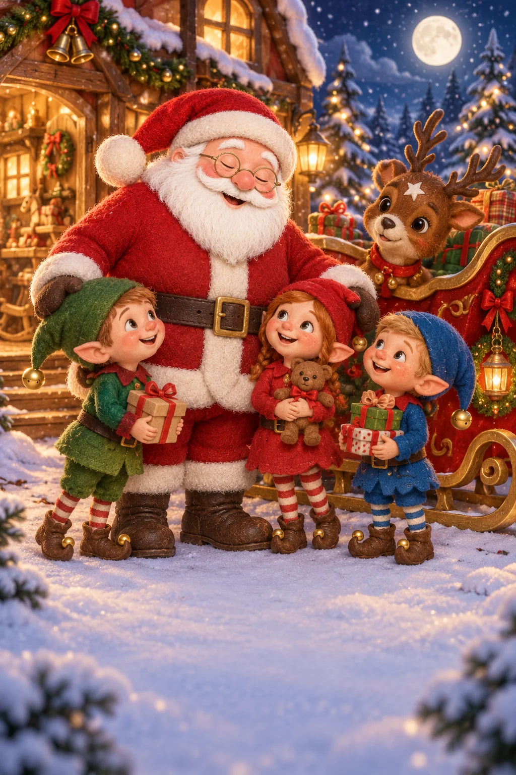 Le Père Noël, trois lutins et le petit renne observent un traîneau devant l’atelier enneigé.