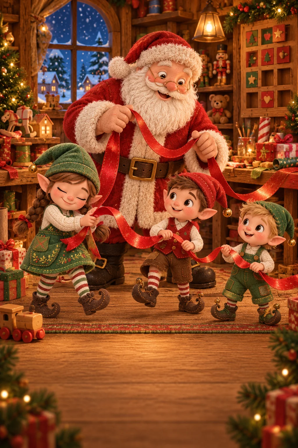Le Père Noël et trois lutins tiennent un long ruban rouge dans l’atelier illuminé.