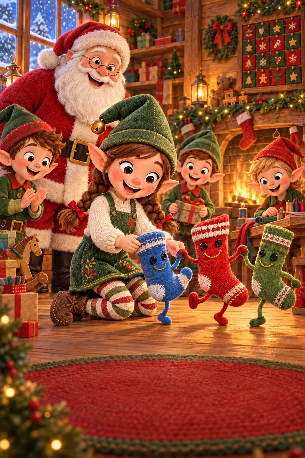 Le Père Noël et ses lutins regardent trois chaussettes danser près du feu dans l’atelier enneigé.