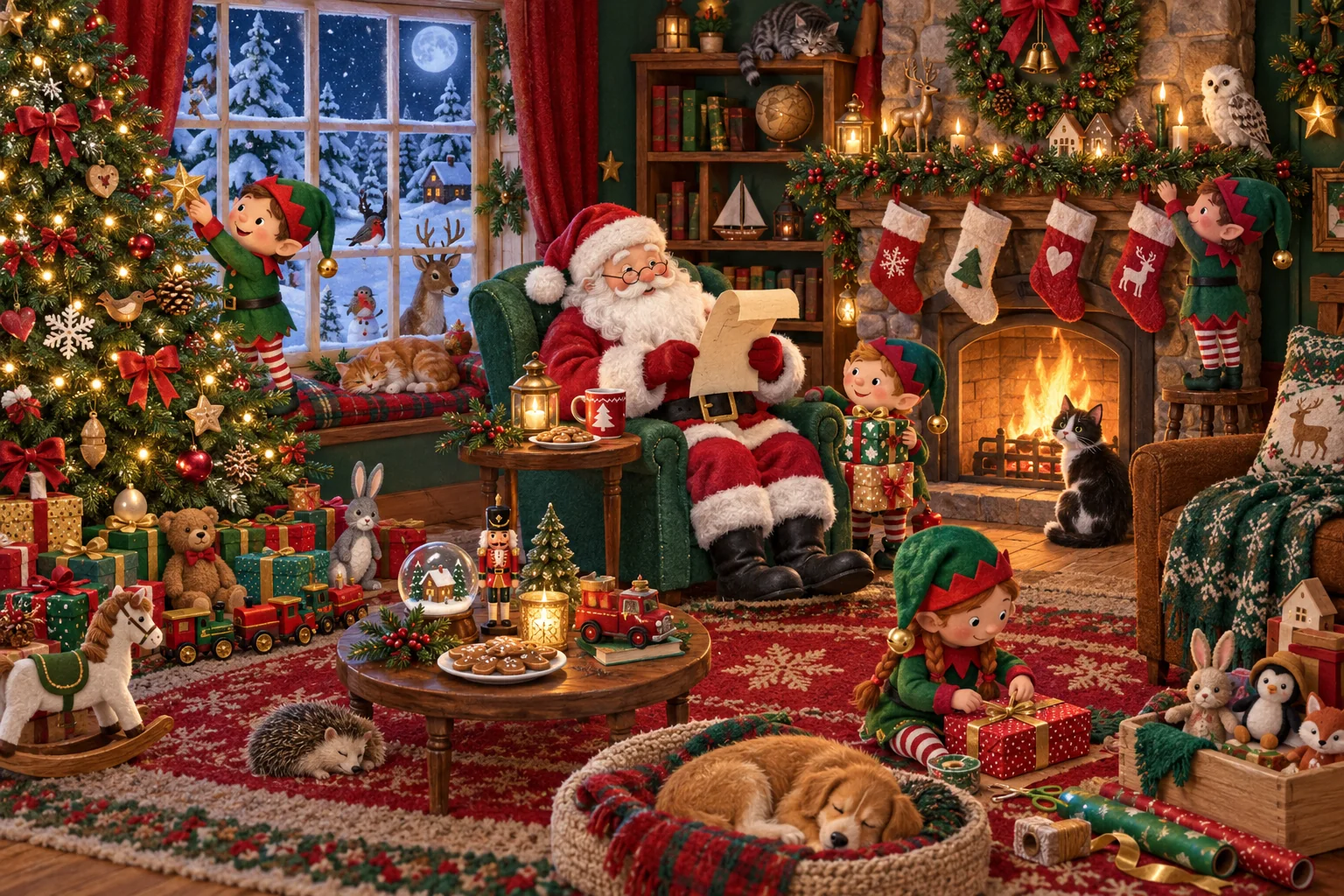Observe le salon décoré et déniche le casse-noisette, le cheval à bascule, le hibou blanc et les animaux blottis.