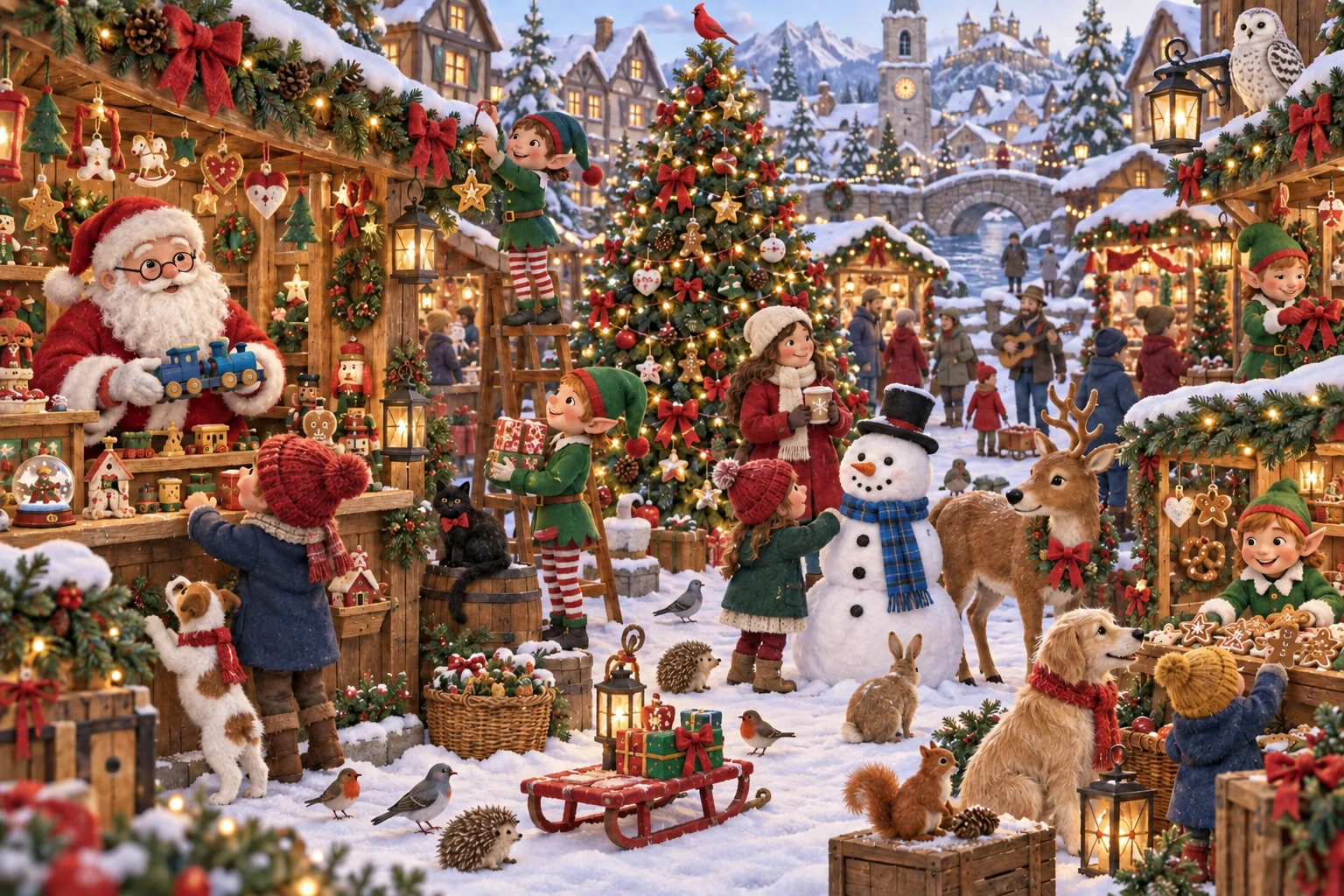 Observe les stands illuminés, puis retrouve les détails cachés entre les deux images du marché de Noël. (version modifiée)