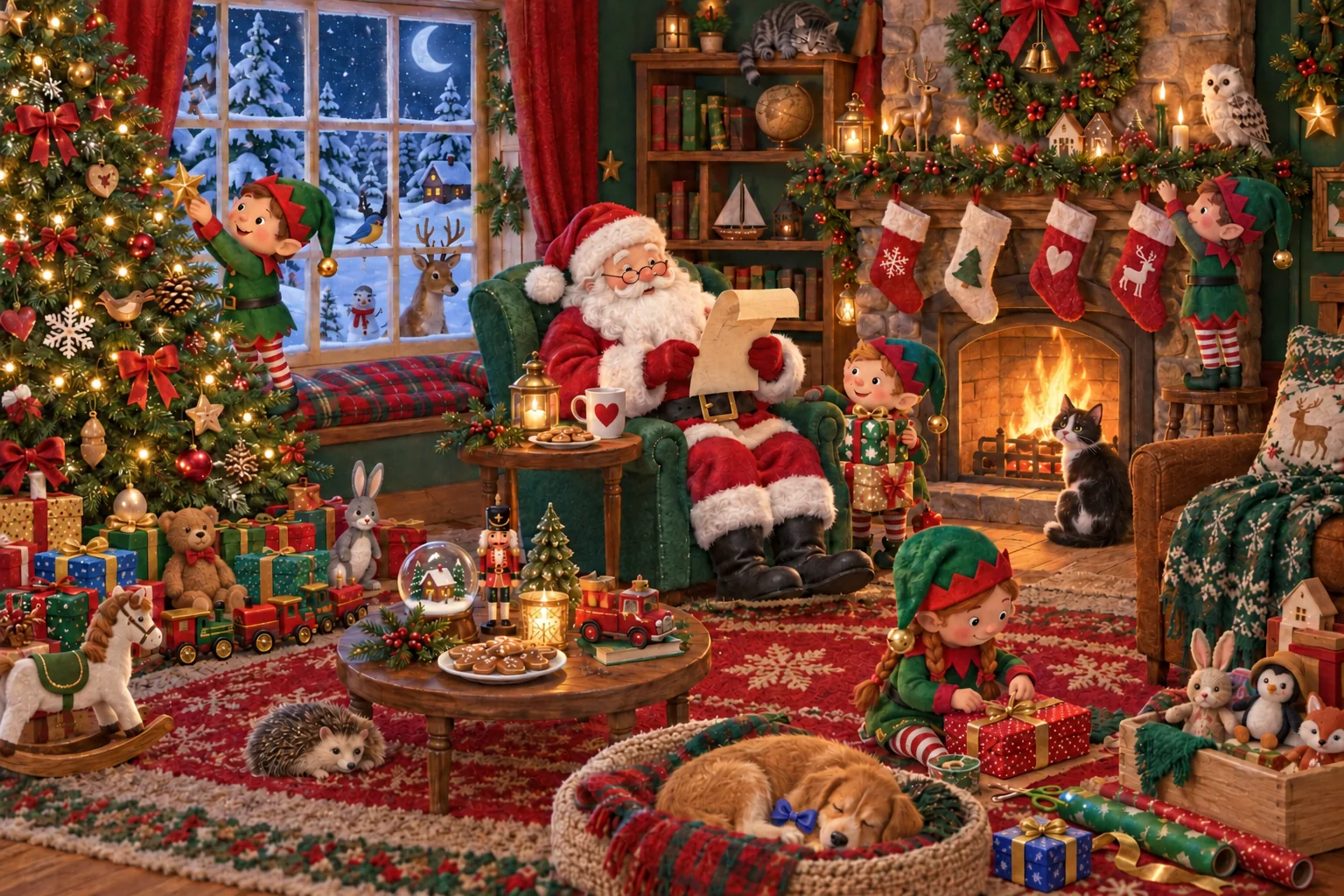 Installe-toi dans le salon de Noël et cherche les petits détails différents près du sapin, des cadeaux et des animaux. (version modifiée)