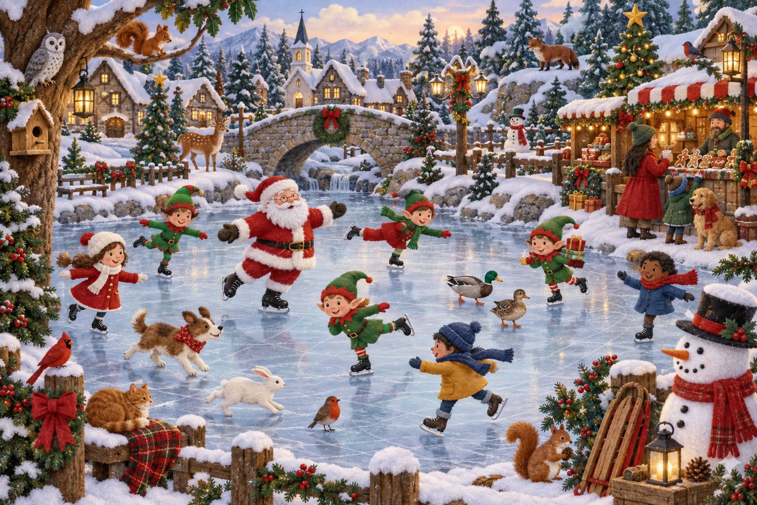 Parcours du regard l’étang gelé et retrouve les différences parmi les sapins, les cadeaux et les patineurs.